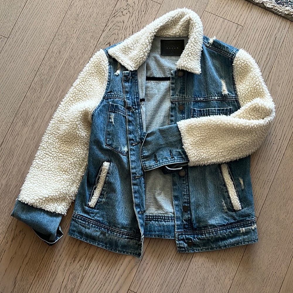 Blank NYC Oversized Denim Trucker Coat with Sherpa